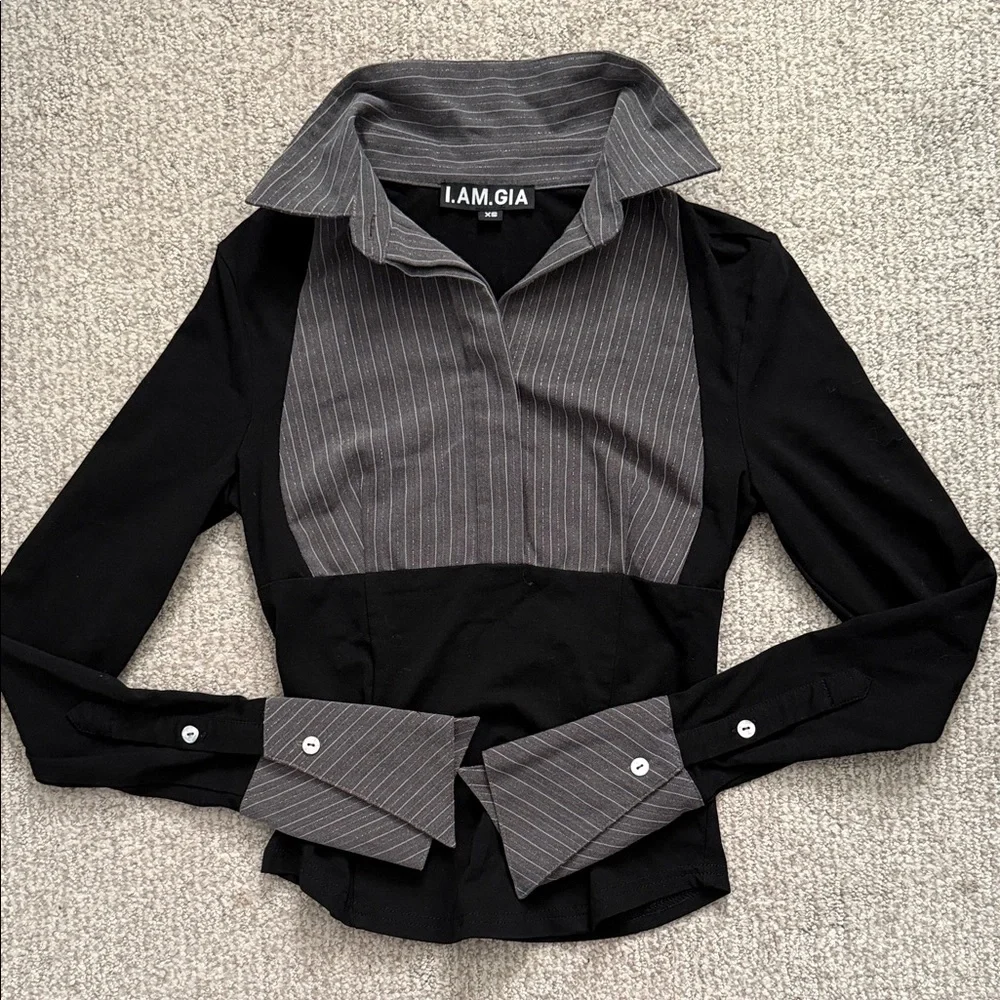 I.AM.GIA Black and Gray Contrast Blouse - Picture 1 of 3